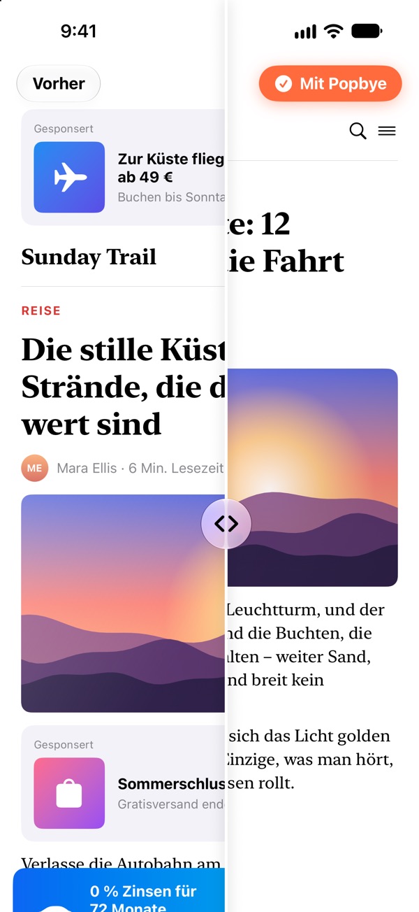 Safari auf dem iPhone: Die linke Hälfte einer Nachrichtenseite ist voller Werbung, die rechte Hälfte ist mit Popbye sauber