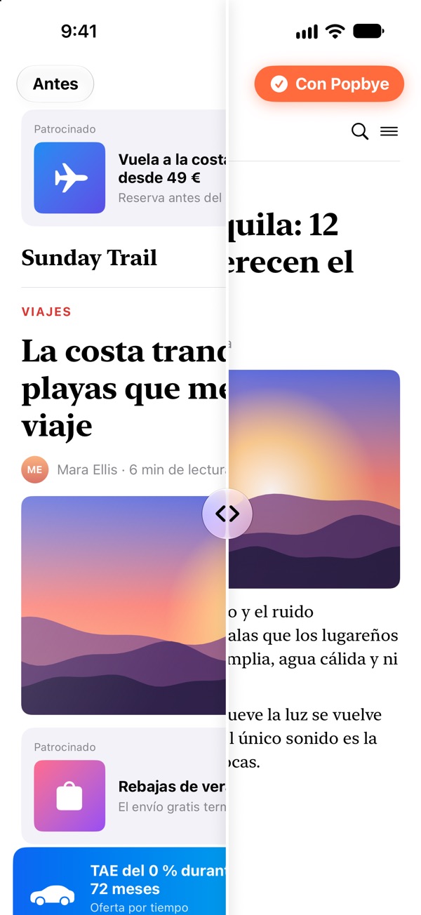 Safari en el iPhone: la mitad izquierda de una página de noticias está llena de anuncios; la mitad derecha, limpia con Popbye
