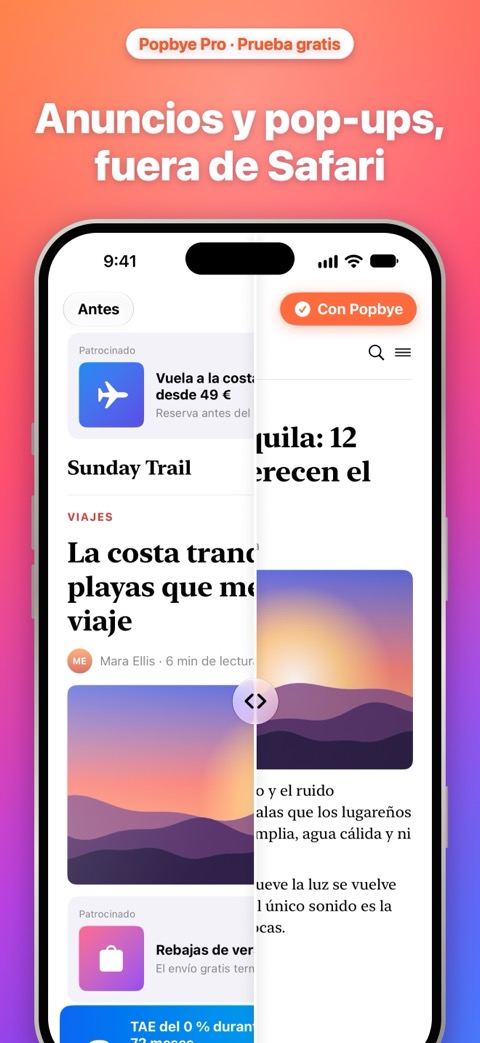 Anuncios y pop-ups, fuera de Safari: una página con anuncios junto a la misma página limpia