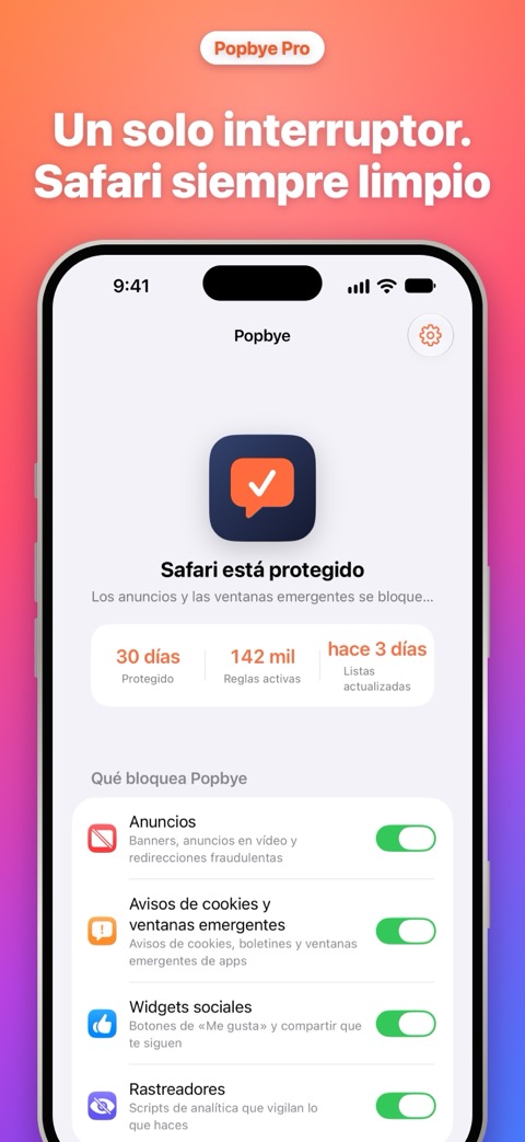 Un solo interruptor, Safari siempre limpio: la pantalla principal de Popbye con lo que bloquea