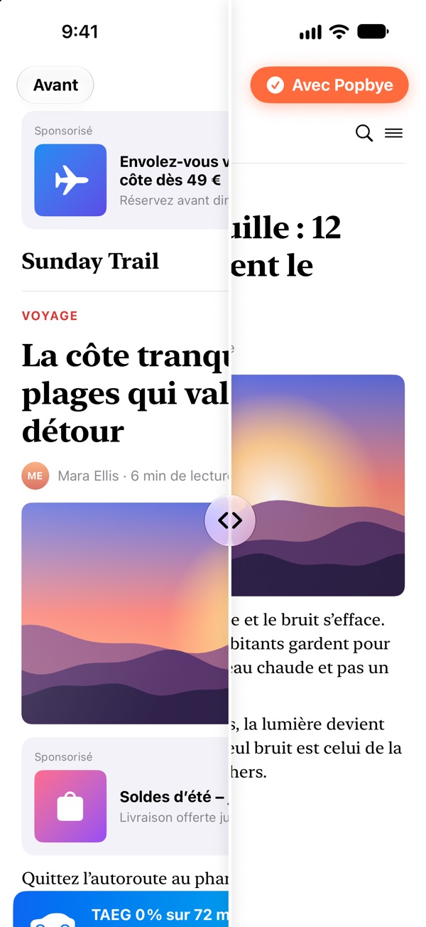 Safari sur iPhone : la moitié gauche d’une page d’actualités est pleine de pubs, la moitié droite est épurée grâce à Popbye
