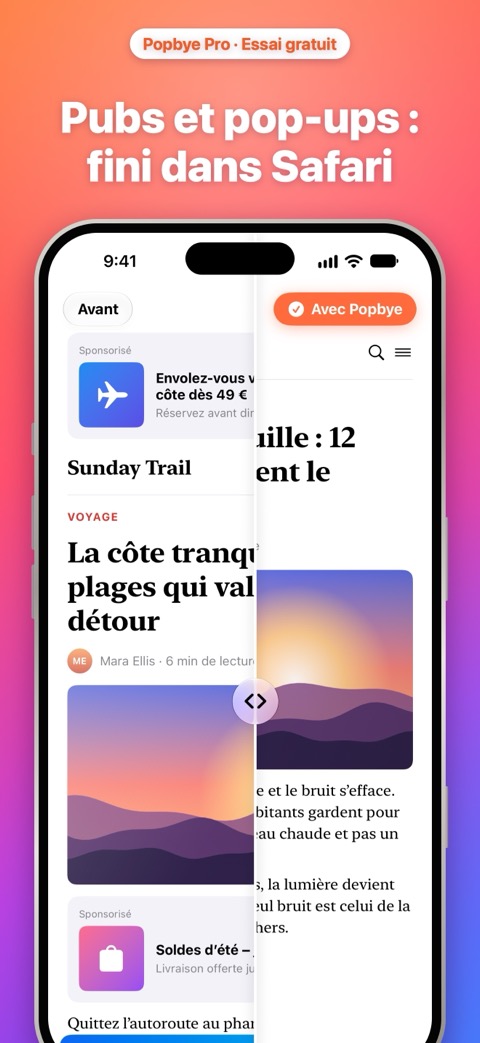 Pubs et pop-ups : fini dans Safari. Une page avec des pubs à côté de la même page épurée