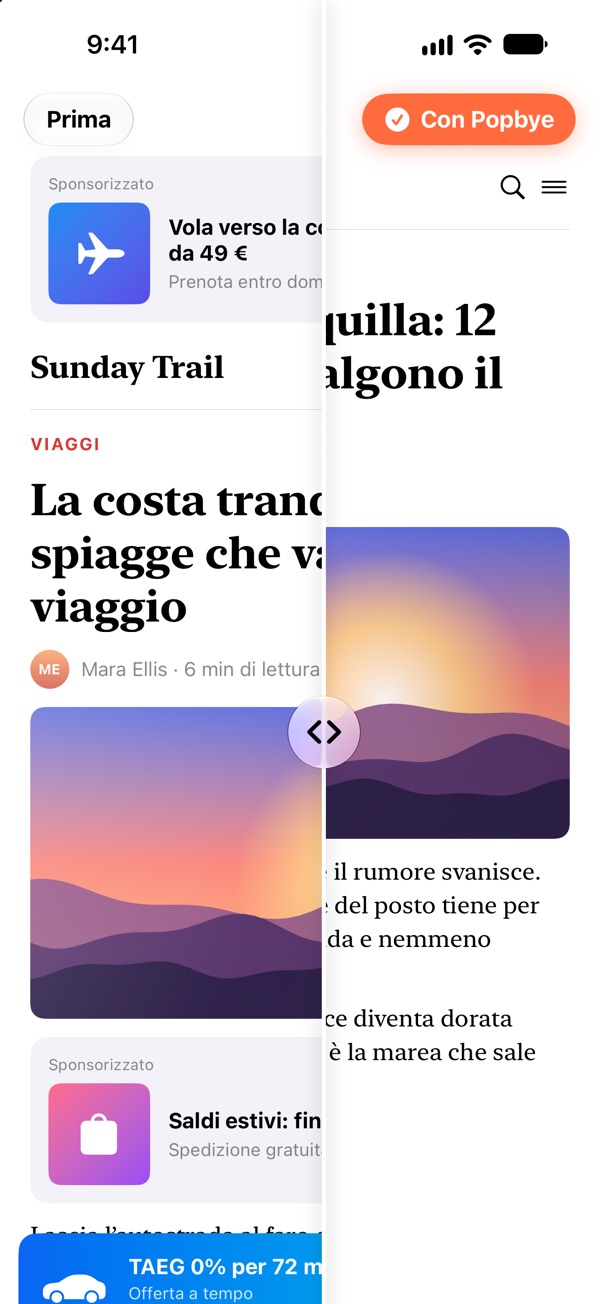Safari su iPhone: la metà sinistra di una pagina di notizie è piena di pubblicità, la metà destra è pulita con Popbye