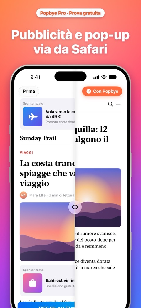 Pubblicità e pop-up via da Safari: una pagina con la pubblicità accanto alla stessa pagina pulita