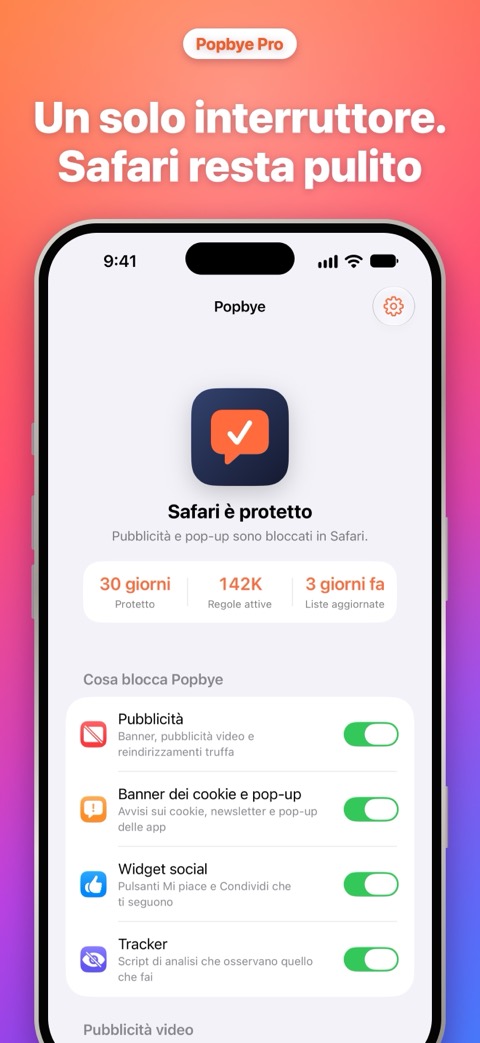 Un solo interruttore, Safari resta pulito: la schermata principale di Popbye con ciò che blocca