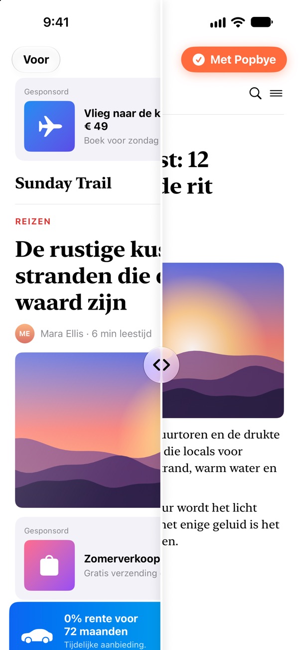 Safari op de iPhone: de linkerhelft van een nieuwspagina zit vol advertenties, de rechterhelft is schoon met Popbye