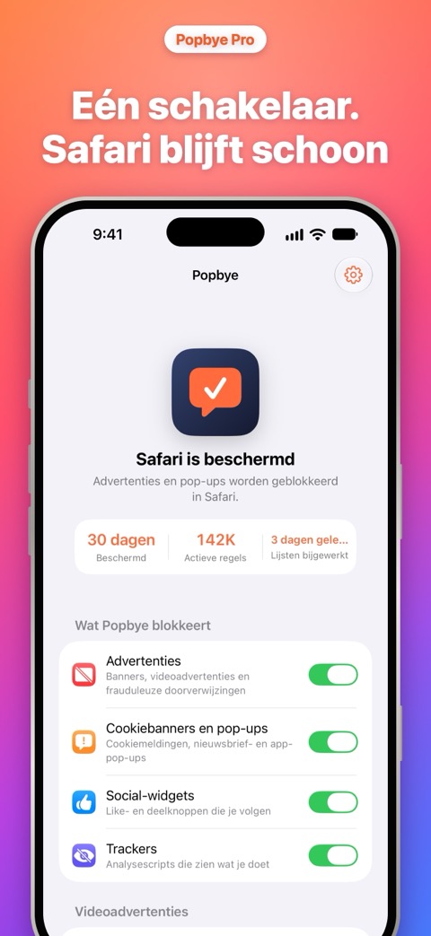 Eén schakelaar, Safari blijft schoon: het hoofdscherm van Popbye met wat het blokkeert