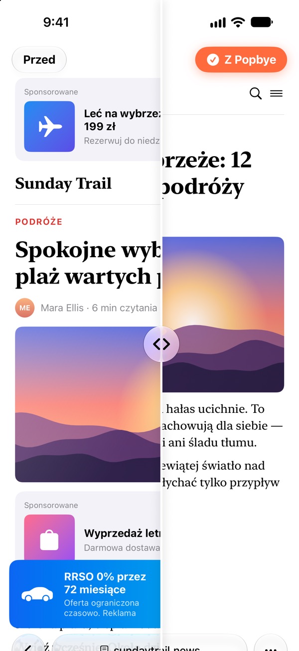 Safari na iPhonie: lewa połowa strony z wiadomościami jest pełna reklam, prawa — czysta dzięki Popbye