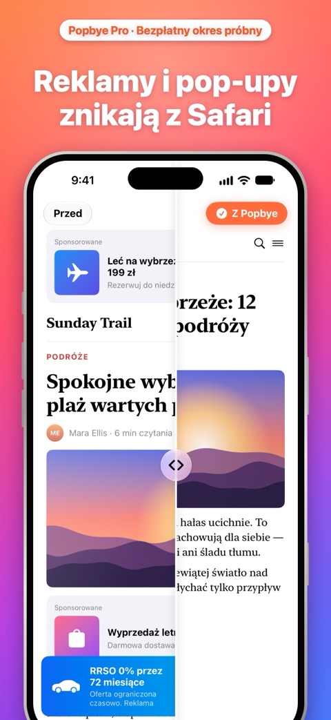 Reklamy i pop-upy znikają z Safari: strona z reklamami obok tej samej strony bez reklam