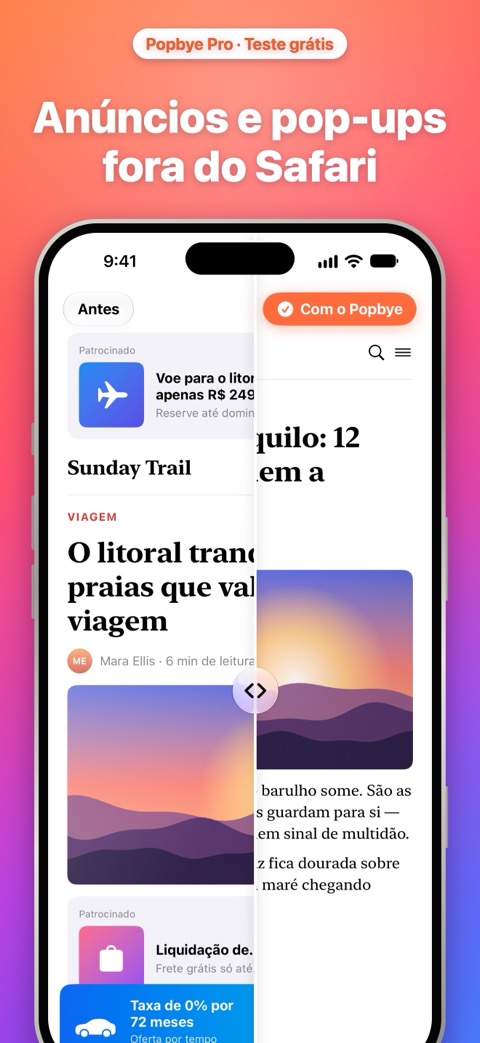 Anúncios e pop-ups fora do Safari: uma página com anúncios ao lado da mesma página limpa