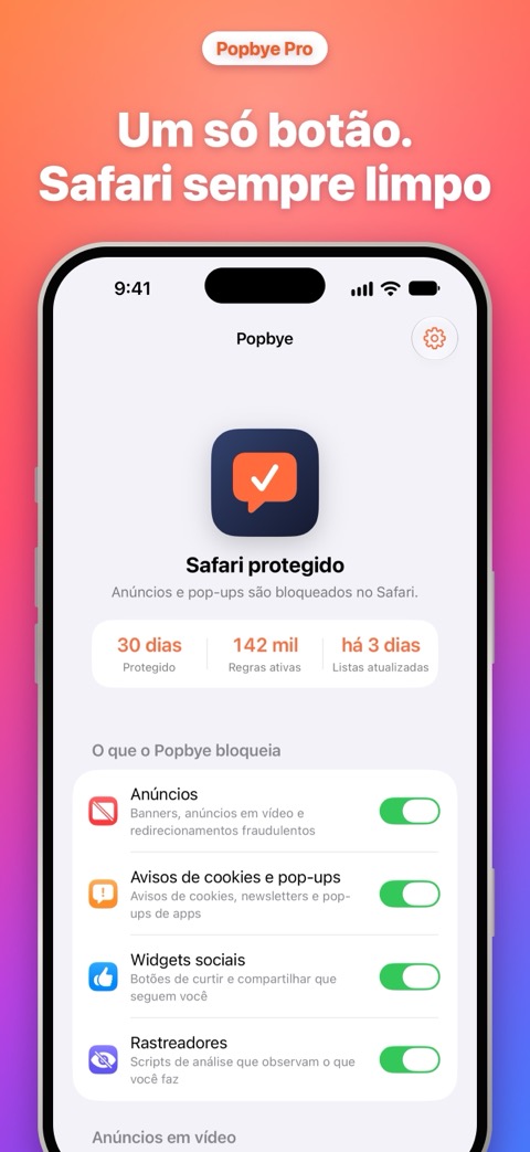 Um só botão, Safari sempre limpo: a tela inicial do Popbye com o que ele bloqueia