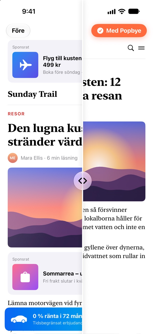 Safari på iPhone: vänstra halvan av en nyhetssida är full av reklam, högra halvan är ren med Popbye