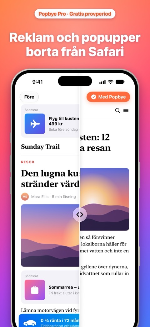 Reklam och popupper borta från Safari: en sida med reklam bredvid samma sida utan