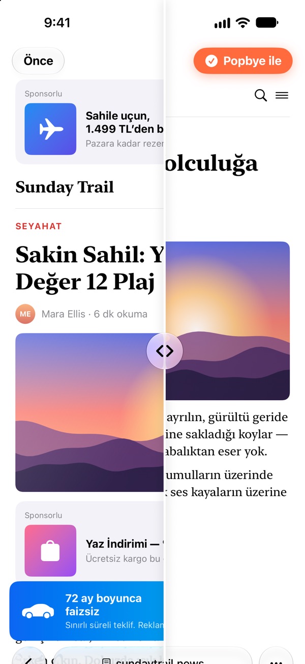 iPhone’da Safari: bir haber sayfasının sol yarısı reklamlarla dolu, sağ yarısı Popbye ile temiz