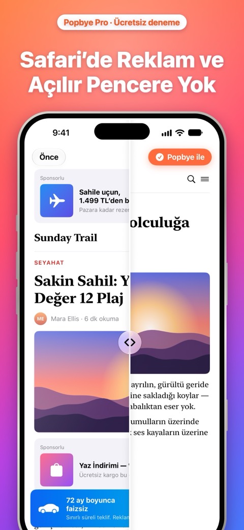 Safari’de reklam ve açılır pencere yok: reklamlı bir sayfa ve yanında aynı sayfanın temiz hâli