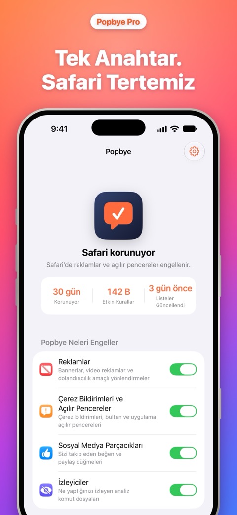 Tek anahtar, Safari tertemiz: Popbye ana ekranı ve engelledikleri